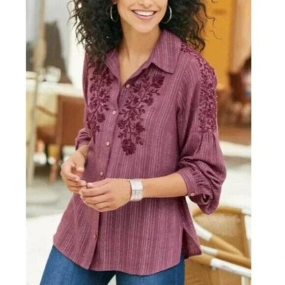 NEW Soft Surroundings Rasberry Red Striped Button Up Size M - Picture 1 of 15